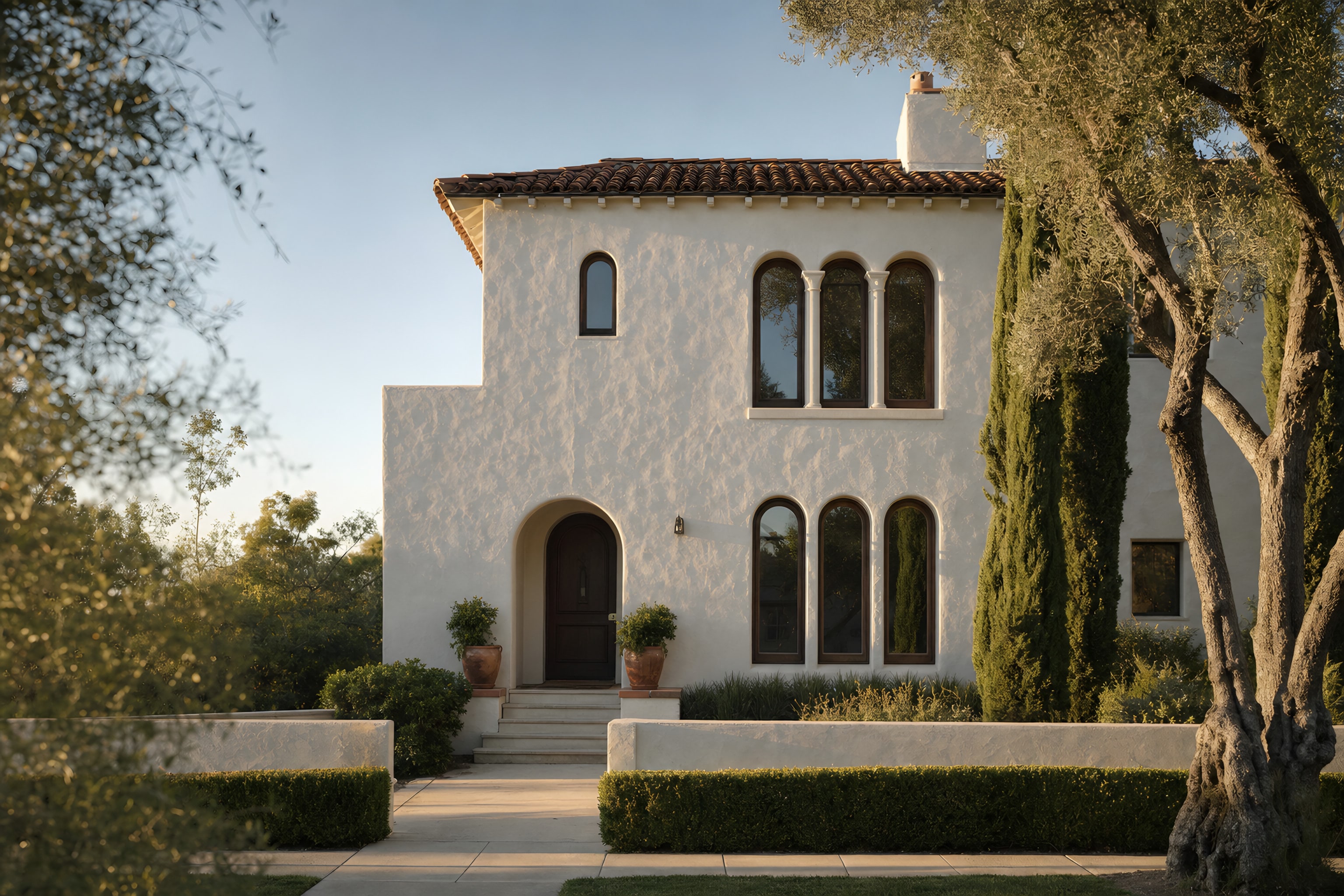 The front of a Spanish Colonial home in late afternoon light